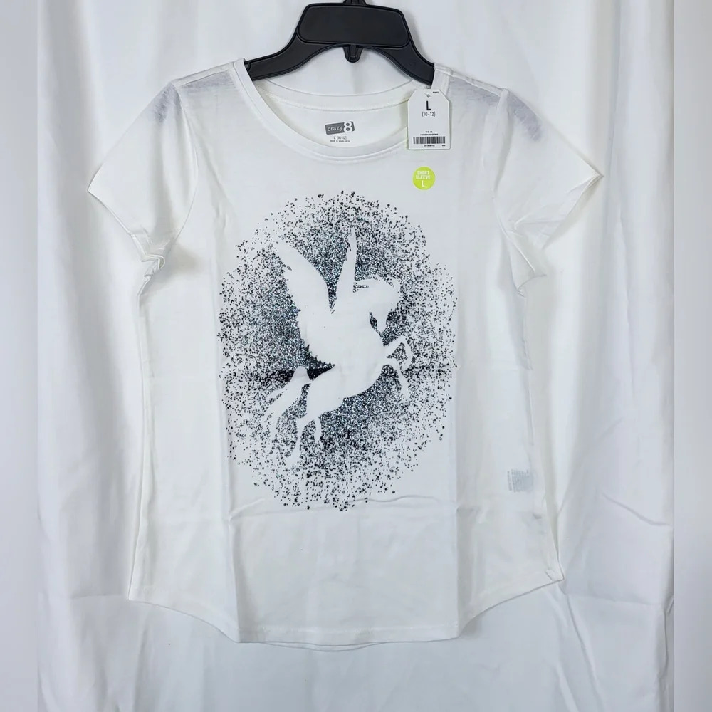 NWT Crazy 8 Girl's White Glitter Pegasus Short Sleeve Cotton T-Shirt Size L (10/